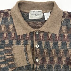 Segreto Polo Sweater Mens XL Brown Merino Wool Made in Italy Geometric Knit